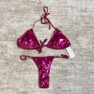 New Fashion Women’s Large Hot Pink Metallic Bikini Swimsuit Thong Rave Festival